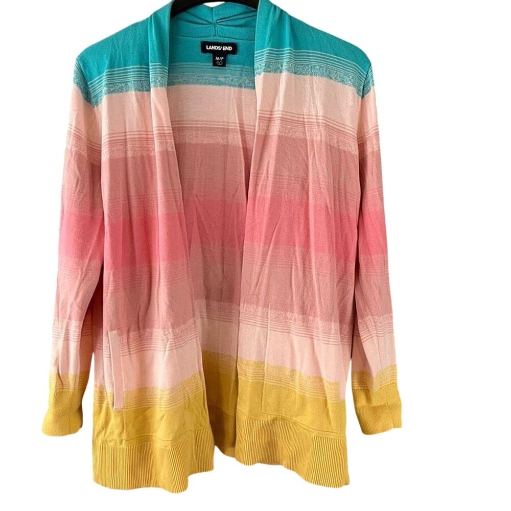 Lands' End Multi Color Striped Open Front Cardigan Style Sweater Size Medium Pet